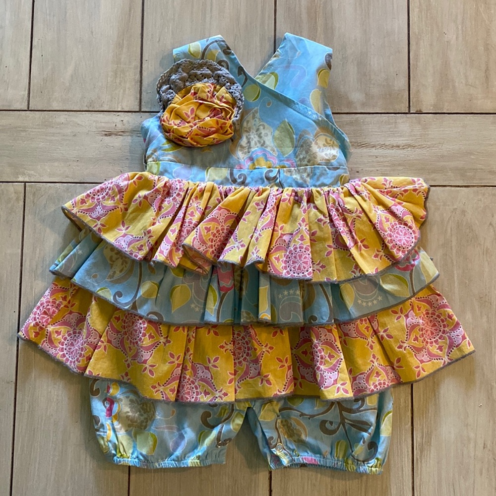 Mustard Pie Blue Yellow Pink Gray Floral Ruffle One Piece Romper 18 Months